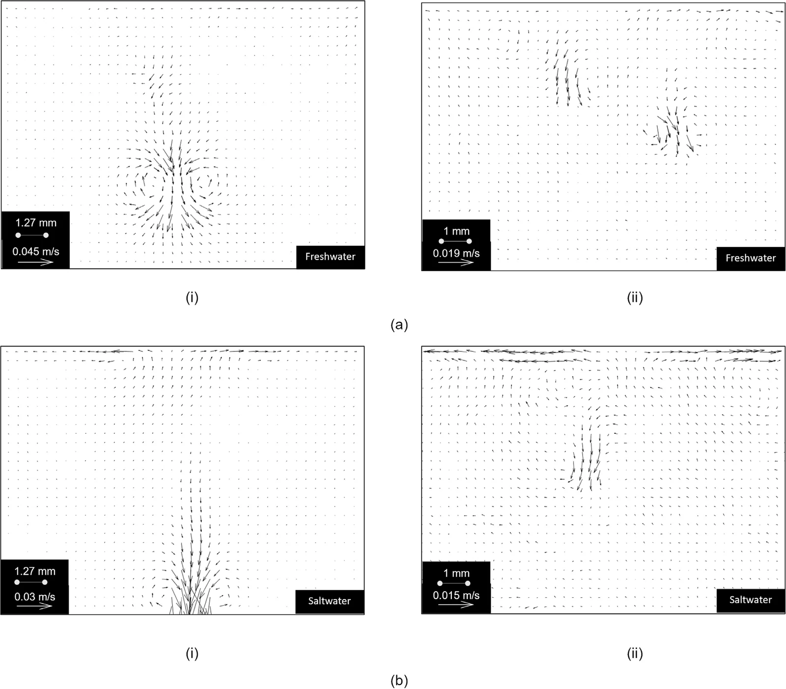 Four PIV vector fields comparing fresh water (top row) and saltwater (bottom row) for drops from 5 cm and 20 cm. The saltwater fields show strong outward vectors along the surface.