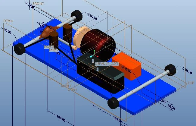 CAD model of the rear electric drivetrain on a blue base plate: the differential on the rear axle, a gear pair, a large red motor, an orange controller box, a dark battery box and small cylindrical supercapacitors, with dimension lines.