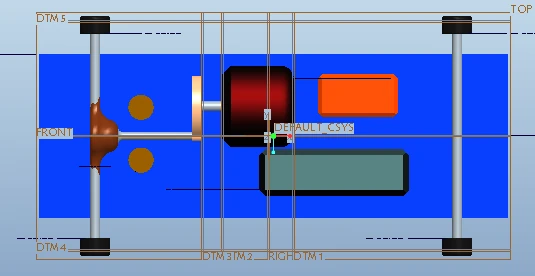 CAD top view: the differential on the rear axle at left, a shaft to the motor, the controller above and the battery below it.